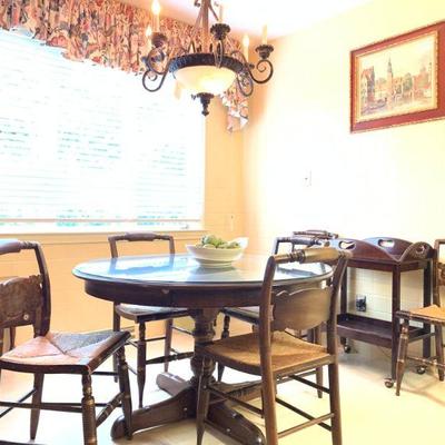 Hitchcock Pedestal Table with Six Rush Seat Chairs 