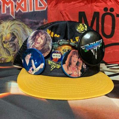 Van Halen Hat with Vintage Van Halen Buttons, Vintage Music Banners 