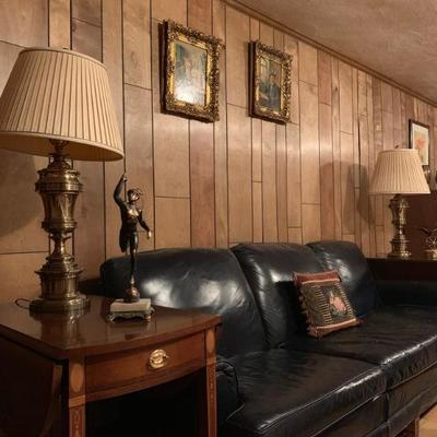Leather Sofa, Inlaid End Tables from Councill Craftsman, Stiffel Brass Lamps, Seth Thomas Grandfather Clock
