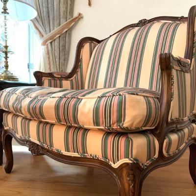 TRS Furniture Carved Frame Armchair and Ottoman in Silk Stripe 