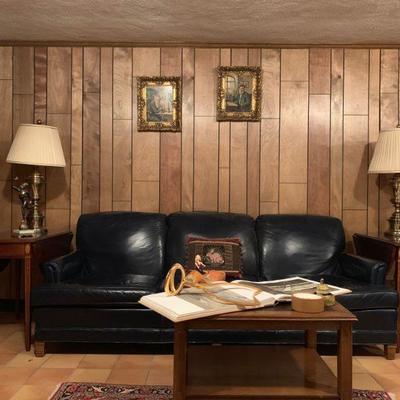 Leather Sofa, Inlaid End Tables from Councill Craftsman, Stiffel Brass Lamps, Seth Thomas Grandfather Clock