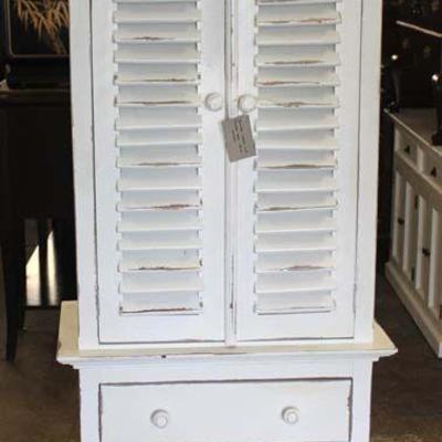 White Distressed Country Style Louver Door over 3 Drawer Cupboard Cabinet

Located Inside â€“ Auction Estimate $200-$400