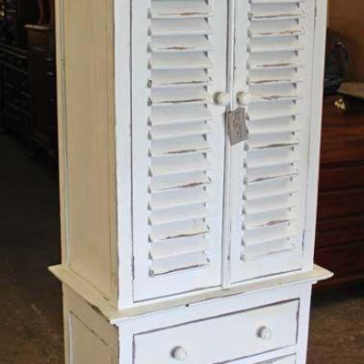 White Distressed Country Style Louver Door over 3 Drawer Cupboard Cabinet

Located Inside â€“ Auction Estimate $200-$400