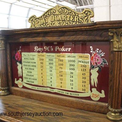  Oak Arcade â€œGay 90â€™s Pokerâ€ with Bronze Lion and Bronze Paw Feet and Panel Sides Quarter Poker Machine with Key

Auction Estimate...