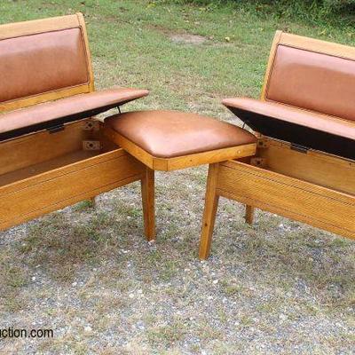  3 Piece Oak and Leather Like Lift Top Benches with Stand (hardware in lift top seat)

Auction Estimate $100-$200 â€“ Located Field 