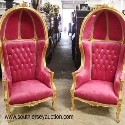 PAIR of French Style Pink Upholstered Button Tufted Carved Painted Gold Frame Hooded Chairs

Auction Estimate $400-$800 â€“ Located Inside 