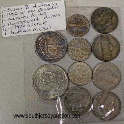  Group Lot of Silver Coins including: Susan B. Anthony, 1962 Quarter, Mercury Dime, 2 Roosevelt Dimes, Buffalo Nickel, and 4 1940â€™s...