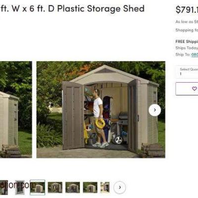  NEW Factor Plastic Storage Shed Model #213039 (1 Box Kit)

approximately 8â€™x 6â€™ inside and 101â€x71.5â€x95.5â€ outside

Auction...
