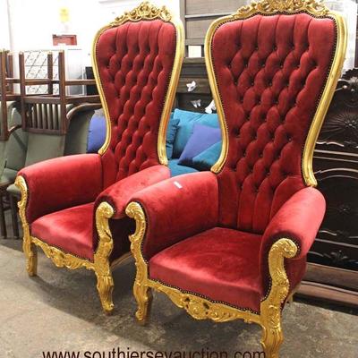 PAIR of Red Upholstered Button Tufted Gold Painted Carved Frame Throne Chairs

Auction Estimate $400-$800 â€“ Located Inside