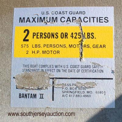  â€œBass Tracker Bantam IIâ€ Boat

US Coast Guard Rated 2 Person (425lb)

Auction Estimate $300-$600 â€“ Located Field 