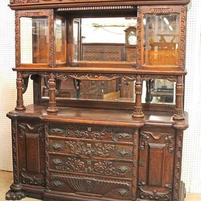  ANTIQUE VERY IMPRESIVE Oak Monumental Highly Carved Sideboard China all Original Finish, Original Hardware in Original Found Condition...