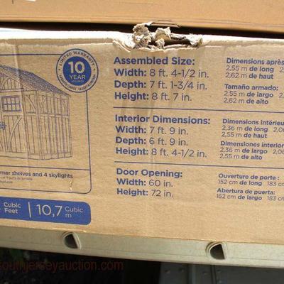  NEW â€œSuncast Tremontâ€ Plastic Shed Model # BMS8700 (2 Box Kit)

approximately 8â€™4â€x7â€™x2â€x8â€™4â€ outside and...