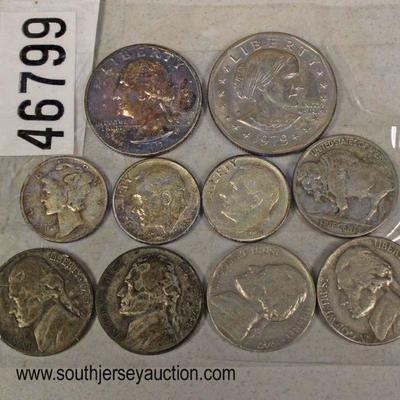  Group Lot of Silver Coins including: Susan B. Anthony, 1962 Quarter, Mercury Dime, 2 Roosevelt Dimes, Buffalo Nickel, and 4 1940’s...
