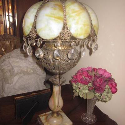 Superb Antique Filigree & Stained Glass Brass with Marble Lamp 