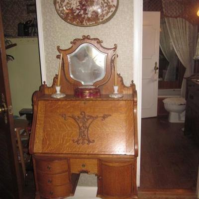 Antique Stunning Tiger Oak Slant Front Desk with Mirror 