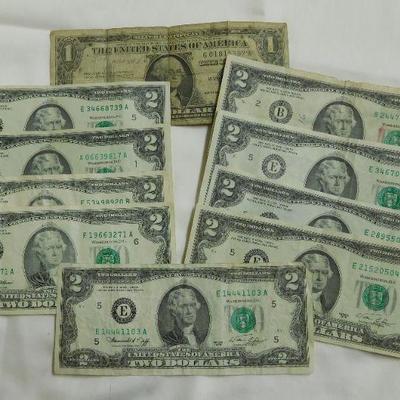 9 - 2 Dollar Bills and 1 Silver Certificate