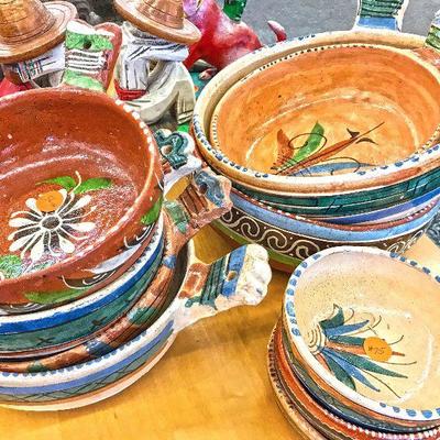 Mexican Tonala pottery bowls with handle. Various sizes and designs.