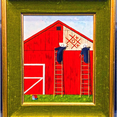 Original Frank Whipple framed acrylic on board, nuns playing tic tac toe on a red barn, green velvet trim frame. Approximately 14 x 12.25...