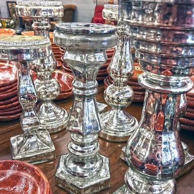 Mercury glass candlestick and candle holders. $7 - 15 each. Over 30 of them available.