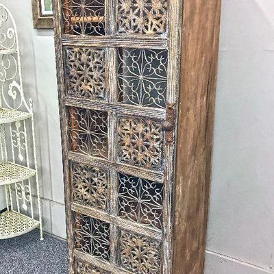 Vintage handmade shelf cabinet with wood and metalwork
