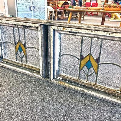Antique double stain glass windows in original frame