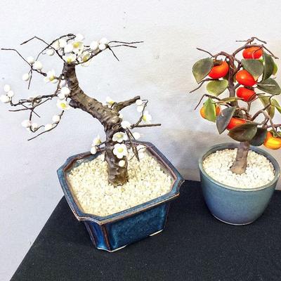 Pair of small Chinese hard stone â€œjadeâ€ trees. $30 and $25 respectively.
