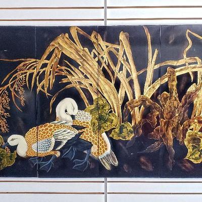 Black and gold laquered panels with ducks and reeds