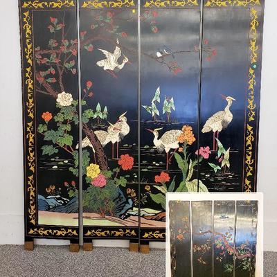 4 lacquered panels with images of cranes and 2 blue birds next to a flowering tree. Back side is of the 2 blue birds on the tree only.