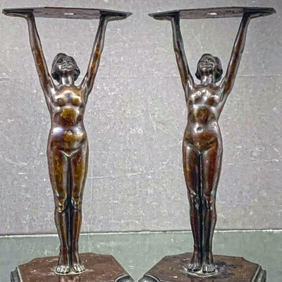 Pair of Art Deco Figural bronze pedestals, mounted for lamps. $400
