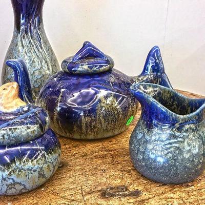 Large Blue Teapot by Ronnie's Ceramic Company Rare Whale Tail Pattern. Includes creamer and sugar bowl with lid. Estate sale price: $80...