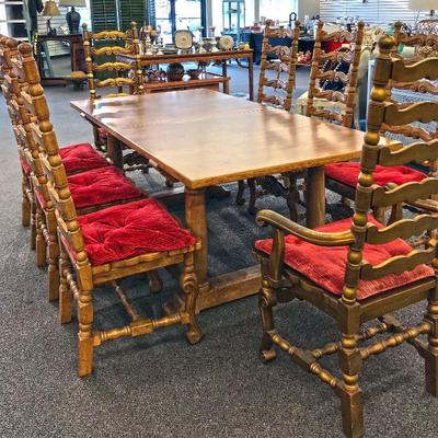 Vintage Mexican ladder back chairs with red cushions x 10 and dining table.