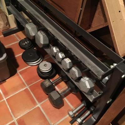 LONG AND HEAVY IRON WEIGHT BENCH AND WEIGHTS