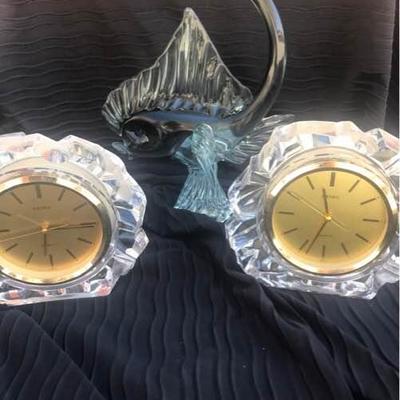 Two Seiko Table Clocks & Glass Fish