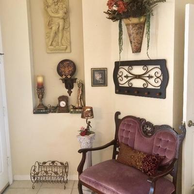 Antique Victorian Velvet & Carved Wood Parlor Settee w/Front Casters - $175 (36W  23D  37H at back)