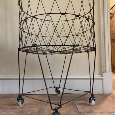 Vintage Wire Basket on Stand with Casters 