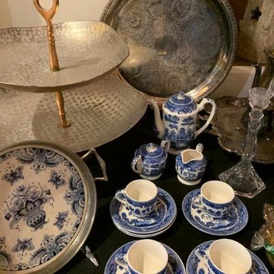 Blue Willow Tea Cups, Hammered Tin Tiered Server, Wedgwood Crystal Candlesticks