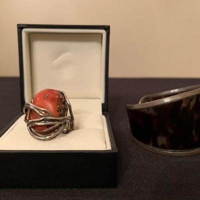 Coral and Sterling Ring from Barneys, Sterling Wrapped Tortoise Shell Cuff