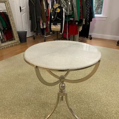 Marble Top Polished Nickle Round Accent Table 
