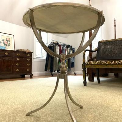 Marble Top Polished Nickle Round Accent Table 
