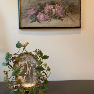French Enameled Wire Frame with Birds, Victorian Still Life