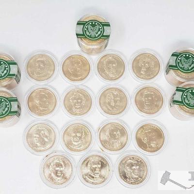 1152: 75 Presidential $1 Coins
5 tubes of 12 coins, 4 tubes are still sealed, 15 single coins in plastic casings