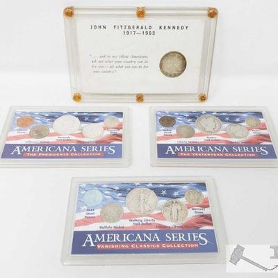 1115: 1964 John Fitzgerald Kennedy Silver Half Coin and 3 Americana Series The Presidents Collection Coins
1964 John Fitzgerald Kennedy...