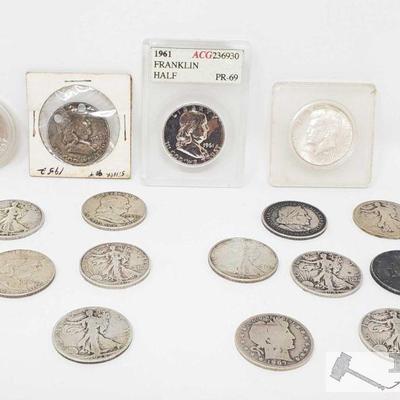 1107: 16 Pre 1964 Silver Half Dollars, Various Mints
1934, 1928, 1940 Walking Liberty Half Dollars San Francisco Mint 1959 and 1963...
