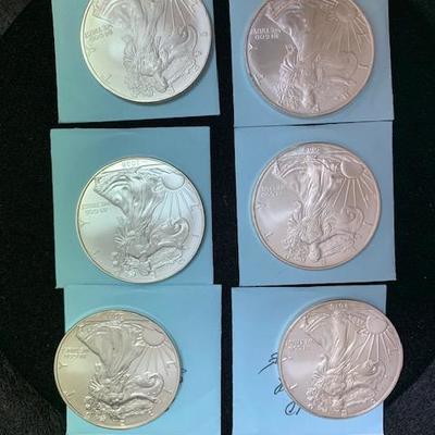 6 U.S. Eagle Fine Silver Dollars BU