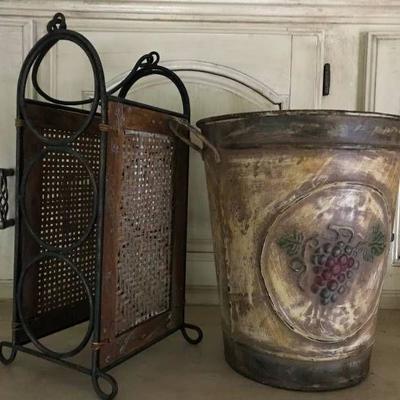 Metal and wicker wine holder and tin bucket