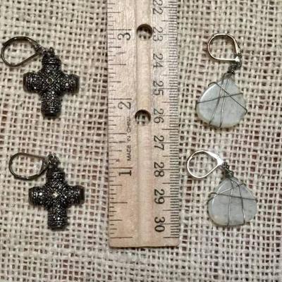 2 Sets of dangle earrings (cross and seaglass)