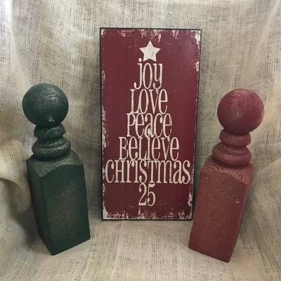 Wood Christmas Decor sign and red green pedestals