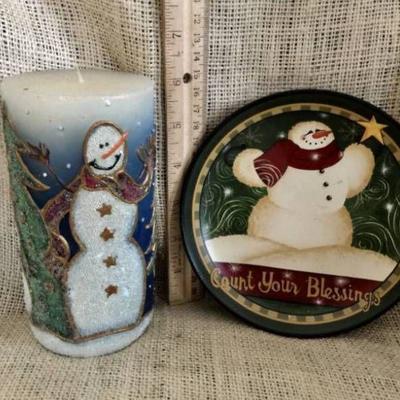 Adorable Snowman Candle and collector's plate