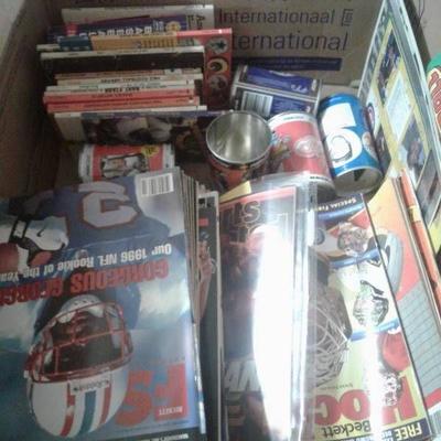 Box of Sports Magazines, Books, Cans, etc