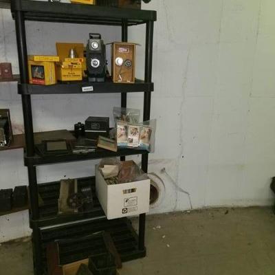 All items on black shelf- 5x7 lg wood copy camera, ...